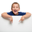 Billboard with a happy child on top. He points with his fingers down