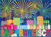 San Francisco Skyline Trolley Fireworks Color Vector Illustration