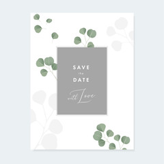 Wall Mural - Floral wedding invitation, greeting card with green Silver dollar Eucalyptus leaves isolated on white background. Simple botanical design, vintage vector illustration, brochure template.