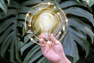 Wall Mural - light bulb in front of global show the world's consumption with icons energ.