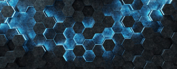 Leinwandbilder - Black and blue hexagons background pattern 3D rendering
