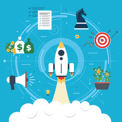 Wall Mural - Rocket flying with icons of strategy, marketing, money and investment. Concept of business successful, growth strategy and investment in startup. Flat design web banners in vector illustration.