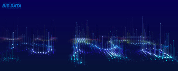 Vector abstract 3D big data visualization. Futuristic infographics aesthetic design. Visual information complexity. Intricate data threads plot. Social network or business analytics representation.