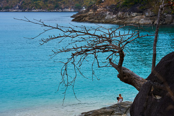 Silhouette girl on seashore working with laptop computer on tropical island beach on the azure ocean  background with copy space your advertising text message.....