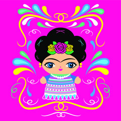 Wall Mural - Mexican Doll with decorative background vector illustration