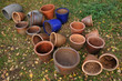 Empty flower pots in the garden. Ready to be stored for the winter.