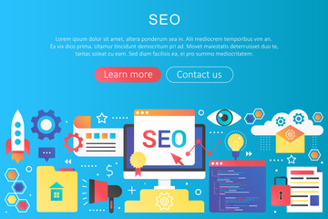 Aufkleber - Vector trendy flat gradient color seo optimization concept template banner with icons and text.