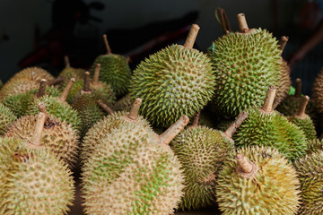 Fresh exotic tropical fruits Durian for sale at an outdoor market. Organic fruits on street market. Fruit season. Durian is king of fruit is famous Asian fruit. Food background. Selective focus.