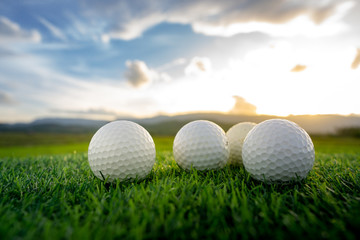 Wall Mural - close up the golf ball on the green background with sunset