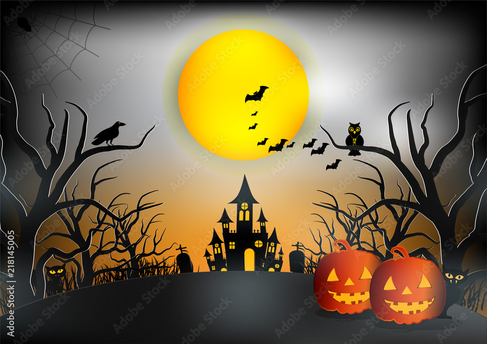 Halloween night background with pumpkin, haunted house and moon. Vector ...