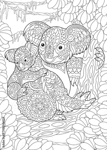 Coloring Page. Coloring Book. Colouring picture with Koala Bears. Stock