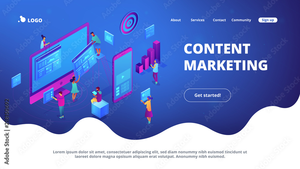 Isometric IT specialists working with charts on content marketing landing page. Business analysis, content strategy and management concept. Blue violet background. Vector 3d isometric illustration. - obrazy, fototapety, plakaty 