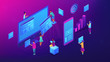 © Visual Generation - Isometric IT team working with charts on content marketing illustration. Business, digital content, content strategy and management concept. Ultra violet background. Vector 3d isometric illustration.