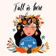 Autumn greeting card with girl wearing a seasonal wreath.Vector design illustration with hand lettering