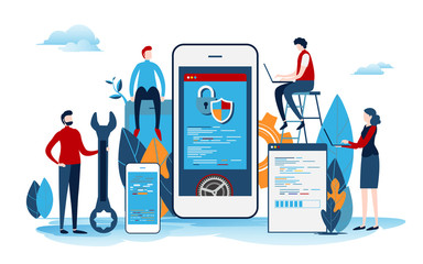 Wall Mural - developers create the startup project. mobile application development process. user interface. flat 
