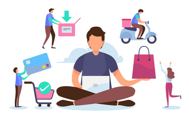 Wall Mural - shopping online process. solution marketing concept. digital payment. flat cartoon miniature charact