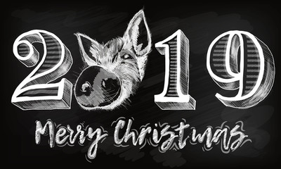 2019 numeral text hand lettering with pig. Dry brush texture effect. Happy New Year. Merry Christmas. Graduation. Design template Celebration typography poster, banner or greeting card.