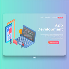 Wall Mural - isometric concept of mobile app development, user experience, flat illustration landing page