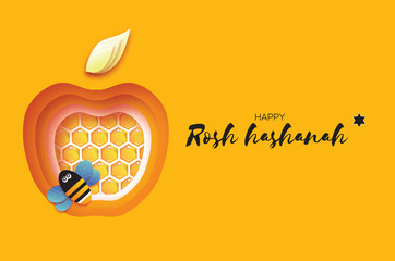 Jewish New Year, Rosh Hashanah Greeting card. Apple shape with honey gold cell and honey bee in paper cut style. Origami happy holiday in Hebrew. Yellow background.