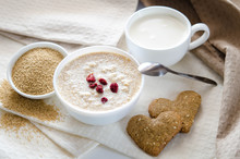 Sesame Dry Cookies In The Form Of Heart And Yogurt, Healthy Breakfast