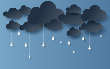 Wall Mural - paper art and craft style of cloud and rainy season on dark background,vector.illustration