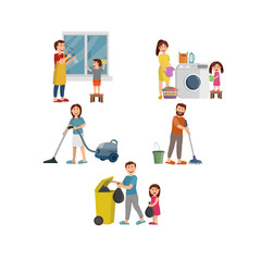 Happy Family Working Together Cleaning Home, Flat Vector Illustration Cartoon