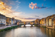 Sunrise Over Ponte Vecchio In Florence, Italy, On A Summer Day. Colorful Travel Background.