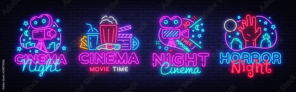 Cinema night set neon sing, label and logo. Cinema banner Design template, logo, emblem and label. Bright signboard, nightly bright advertising. Movie logo. Vector illustration - obrazy, fototapety, plakaty 