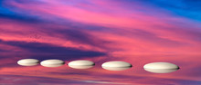 Zen Stepping Stones On Water, Sky On Sunset Background. 3d Illustration