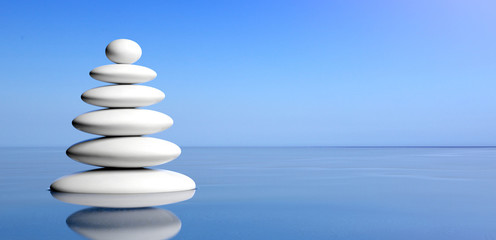 Wall Mural - Zen stones stack on water, blue sky background. 3d illustration