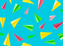 Colorful Background Pattern Made With Paper Airplanes On Sky Blue Background. Minimal Back To School Concept.