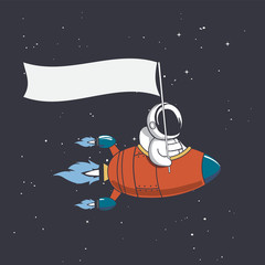 Wall Mural - astronaut in flying rocket holds a flag . vector illustration