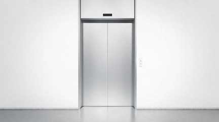 Blank silver closed elevator in office floor interior mock up, front view, 3d rendering. Empty lift with buttons near concrete wall mockup. Concept of business center or hotel lifting template