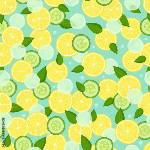 Fotografía Endless Texture with Pieces Lemon, Slices Cucumber