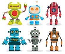 Robot Toys Vector Characters Set. Colorful Kids Robots Elements With Friendly Faces Isolated In White Background. Vector Illustration.
