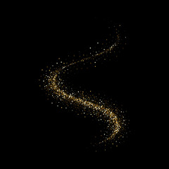 Wall Mural - Golden particles light or sparkling glitter shine trail. Vector glittery twirl with shiny Christmas confetti on premium luxury black background