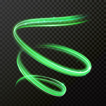 Green Neon Light. Vector Shiny Trace Or Spiral Twirl Trail With Shine Sparkle Effect Isolated On Transparent Background