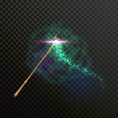 Wall Mural - magic wand light sparkle glitter light trail trace. vector green neon glittering and sparkling of ma