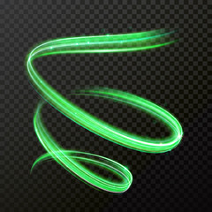 Wall Mural - Green neon light. Vector shiny trace or spiral twirl trail with shine sparkle effect isolated on transparent background
