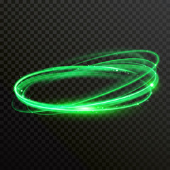 Wall Mural - green light circles or spin twirl. vector abstract shiny trace or spiral trail of neon shine sparkle