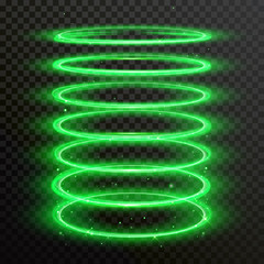 Wall Mural - green glow light circles or spin twirl spring effect. vector abstract shiny spiral trail of neon shi
