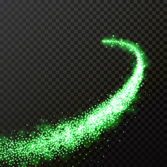 Wall Mural - green particles wave or comet trail with sparkling light effect on vector transparent background