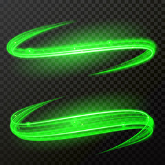 Wall Mural - green glow light waves of comet trail. vector neon light shine and particles sparkling twirl