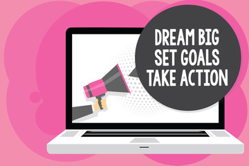 Wall Mural - Word writing text Dream Big Set Goals Take Action. Business concept for Motivation to follow your dreams Inspiration Man holding Megaphone loudspeaker computer screen talking speech bubble.