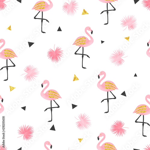 Watercolor Flamingo seamless pattern. Vector background with flamingos for wa...