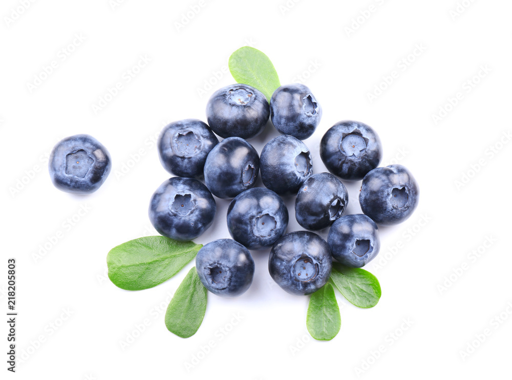 Ripe blueberries on white background