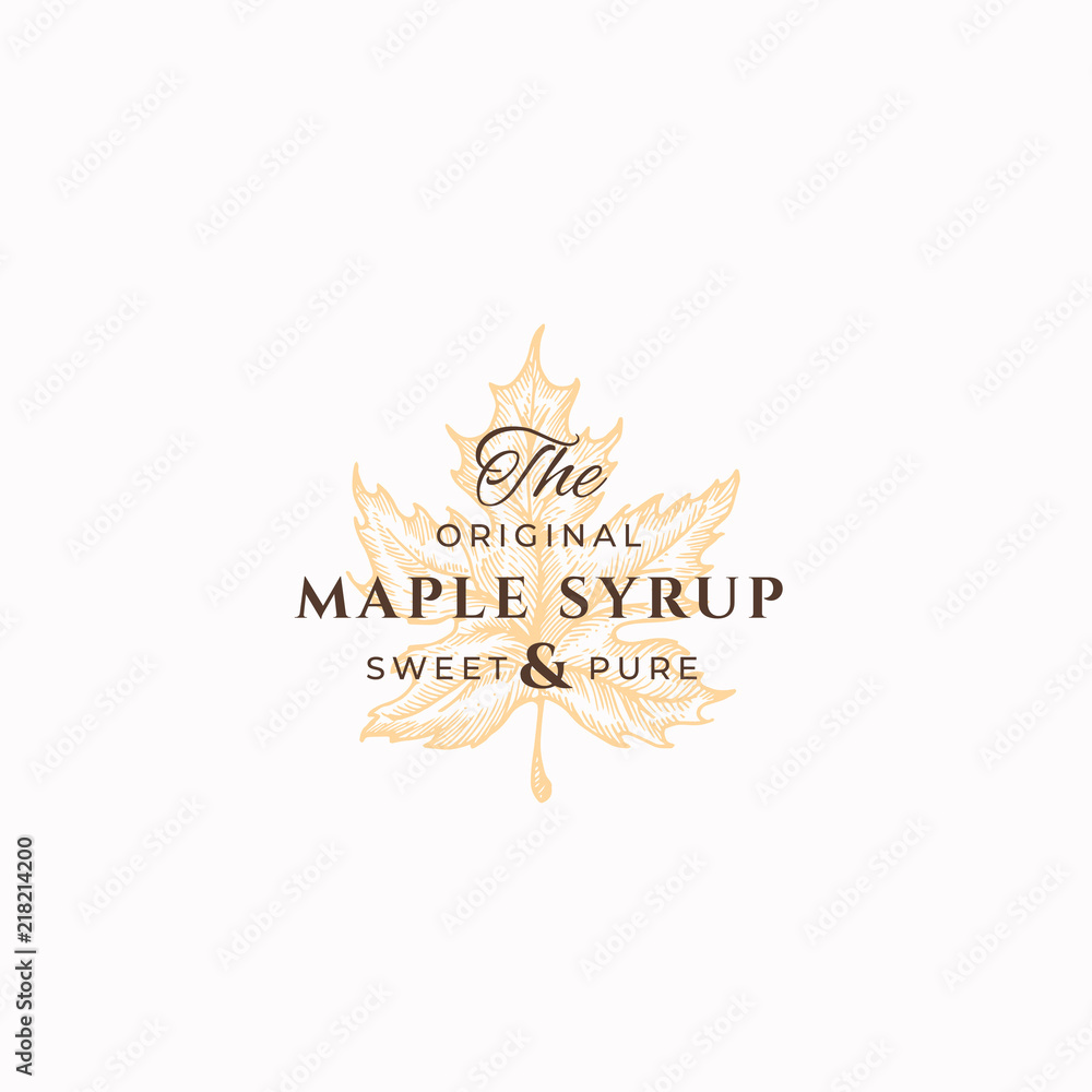 Original Maple Syrup Abstract Vector Sign, Symbol or Logo Template. Maple Leaf Sillhouette Sketch with Elegant Retro Typography. Vintage Luxury Emblem. - obrazy, fototapety, plakaty 