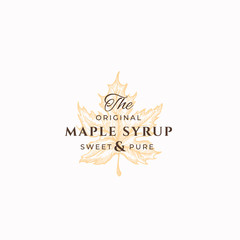original maple syrup abstract vector sign, symbol or logo template. maple leaf sillhouette sketch wi