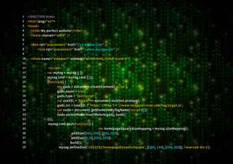 Simple HTML code on green matrix symbols, digital binary code on dark, technology background