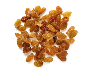 Wall Mural - Yellow raisins isolated on white background. Top view.